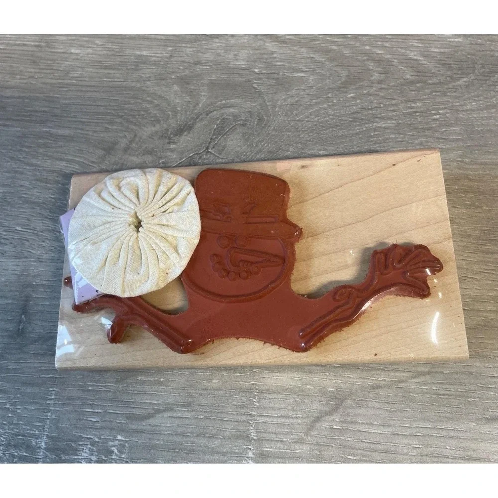 Wood Snowman Rubber‎ Stamp With Button Nose Craft Tool